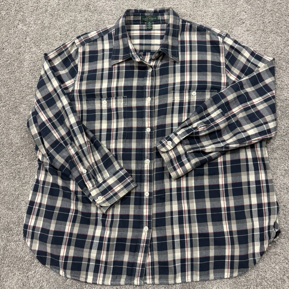 Ralph Lauren LRL Lauren Jeans Co Flannel Shirt Womens 2X Navy White Plaid Cotton